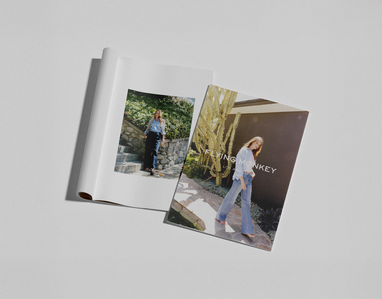 Two models wear Flying Monkey’s bestselling denim in a catalog-style lookbook, photographed residential settings.